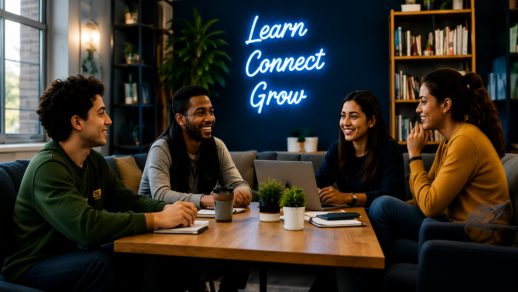Four students talking around a table under a neon Learn Connect Grow sign