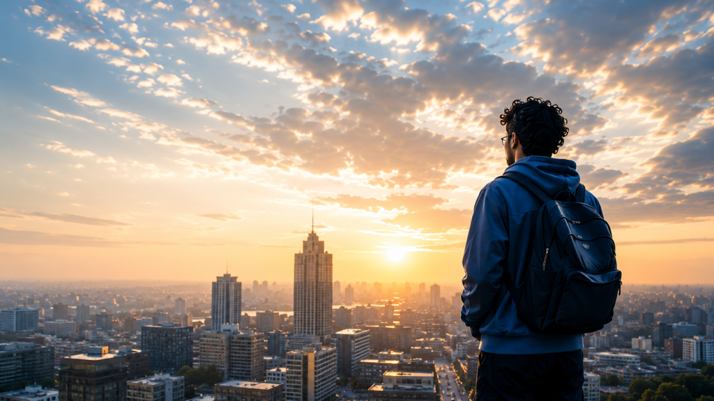 Student with a backpack looking out over a city at sunrise