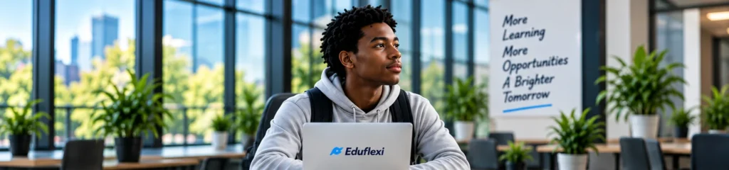 Eduflexi student thinking about his career direction with a laptop