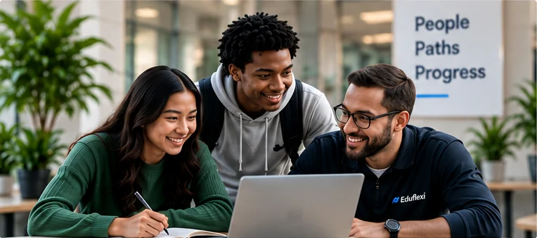 Group of Eduflexi learners collaborating together on a laptop