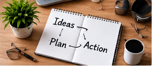 Notebook with an ideas-to-plan-to-action sketch representing Digital Business Basics
