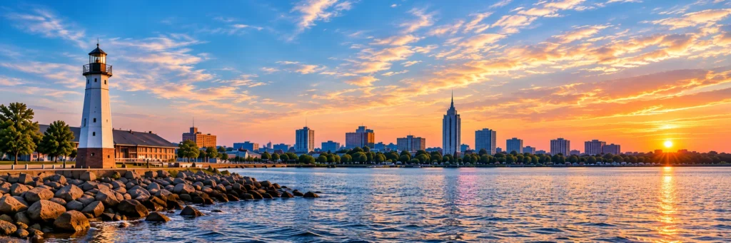 Erie, Pennsylvania waterfront skyline at sunset