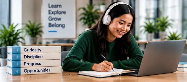 Self-learner studying with headphones and a notebook