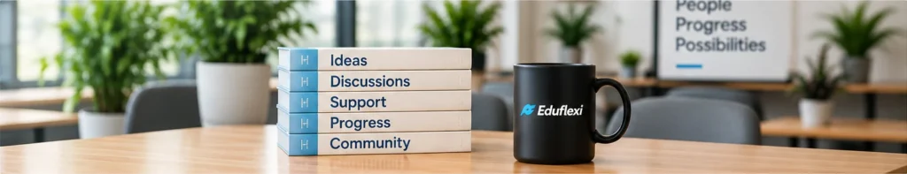 Stack of books and an Eduflexi mug representing community growth