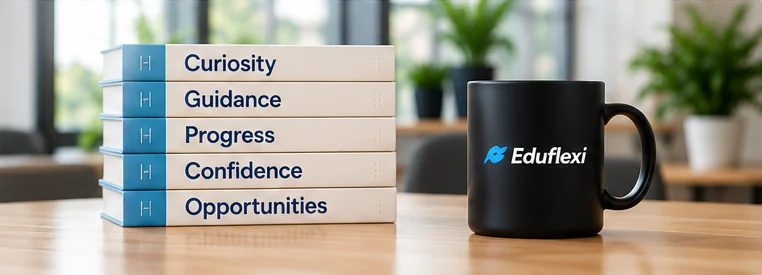 Stack of books and an Eduflexi mug representing mentorship growth